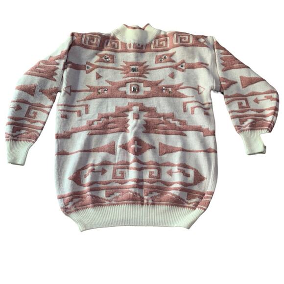 Vintage Sweaters - Vintage perfect designs womens large sweater aztec pink knit print jewel white l